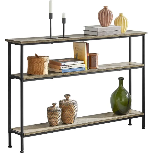 SoBuy Consoletafel – Bijzettafel met 3 Opbergplanken - smal industriële haltafel – Hout/Metaal, 120x20x77 cm, FSB49-PZ Zwart