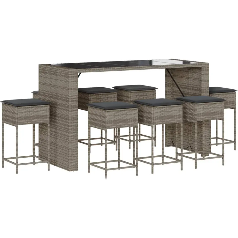 vidaXL 9-delige Tuinbarset met kussens poly rattan grijs