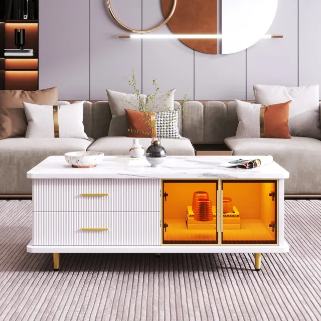 Maisentiel Salontafel 100x50x40 cm met LED, 2 lades, marmerlook, spaanplaat, wit/goud