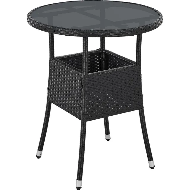 Juskys Polyrotan Tuintafel / Bijzettafel / Balkontafel Yoro - Rond - 60 cm - Zwart - Incl. Glasplaat