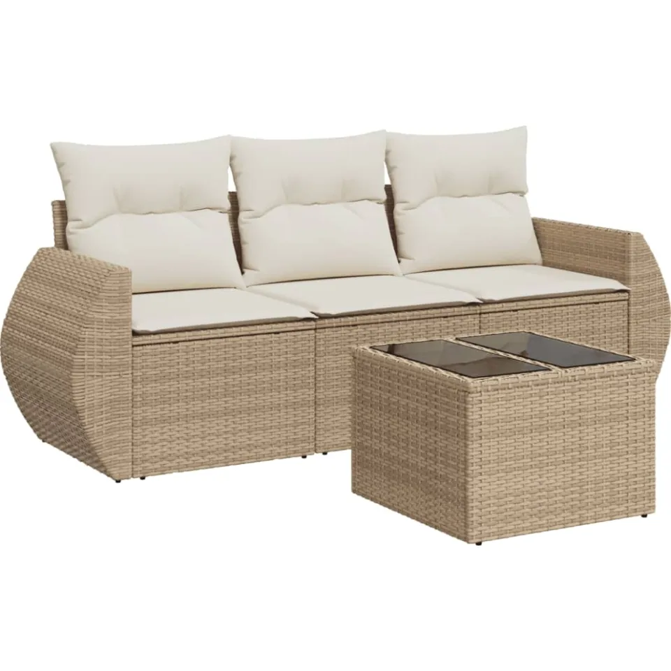 vidaXL 4-delige Loungeset met kussens poly rattan beige, foto 3