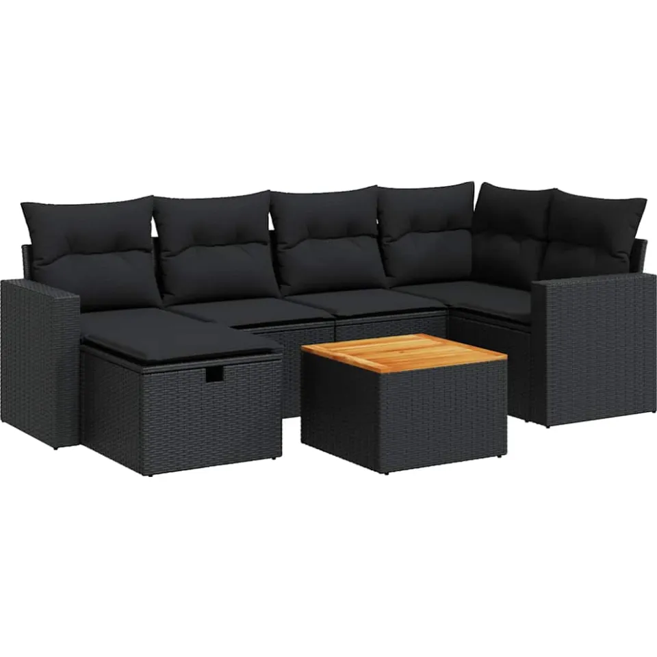 vidaXL 7-delige Loungeset met kussens poly rattan zwart, foto 3