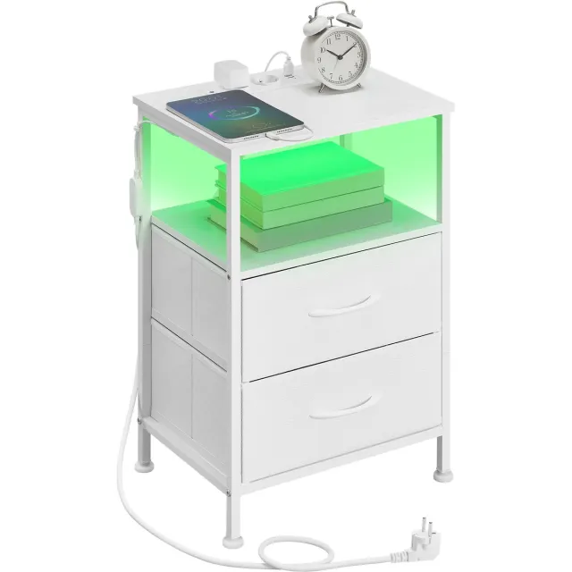 Songmics Nachtkastje - Met LED-verlichting - 2 Lades - Open Vak - Met Oplaadstation Wit