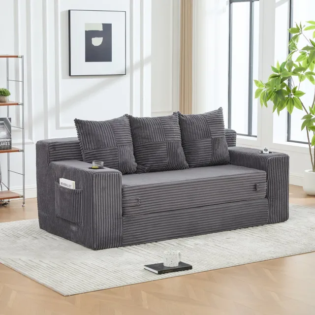 MIVRAY Slaapbank Driezits 172 x 87 x 64 cm Met Bekerhouders En Zijvakken Uitklapbaar Voor Woonkamer Studio En Appartement Corduroy Grijs