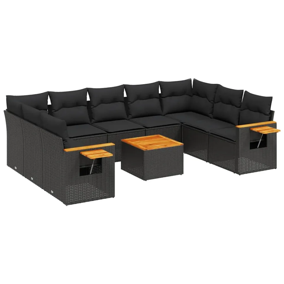 vidaXL 10-delige Loungeset met kussens poly rattan zwart
