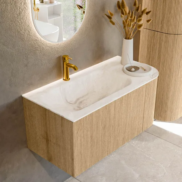 Mondiaz KURVE-DLUX 95 cm Onderkast Greeploos 1 Lade Met Deuren Oak, Wastafel Solid Surface Links Frappe 1 Kraangat Zonder Spiegel (KRVBGS95R1L1D1KL-Oak/Fra)