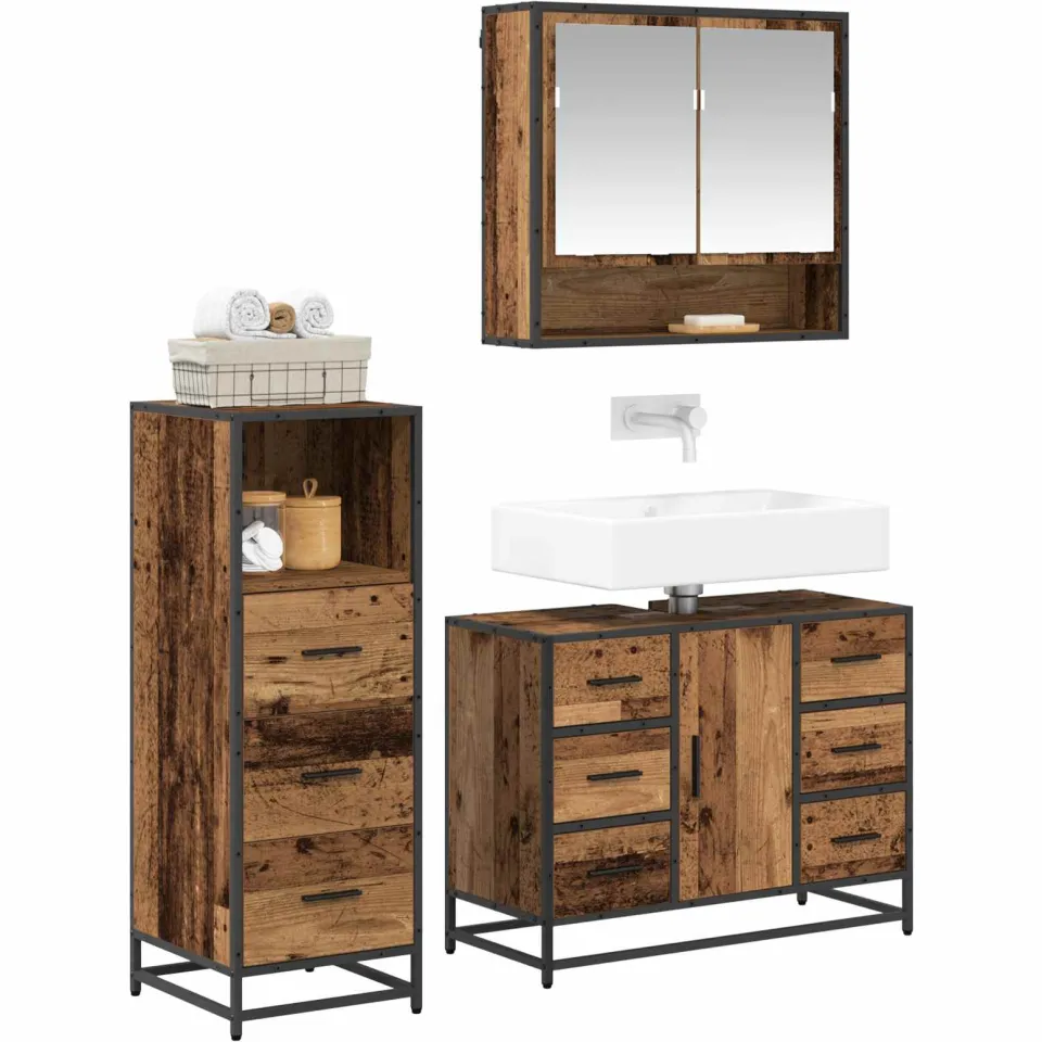 vidaXL Badkamermeubelset 3 st Oud Hout 80 x 33 x 60 cm Bewerkt hout Bruin