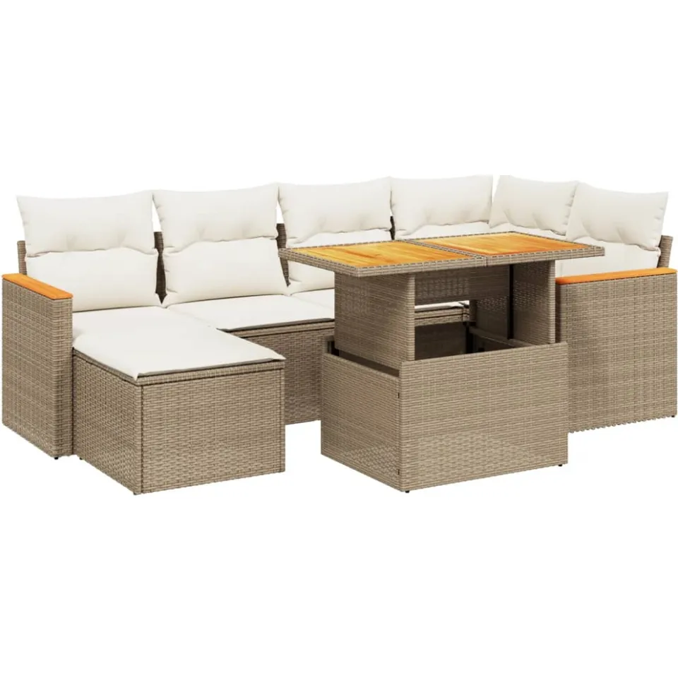vidaXL 7-delige Loungeset met kussens poly rattan beige, foto 3
