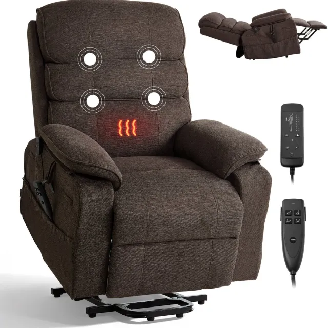 Vevor Elektrische TV-Fauteuil, Relaxfauteuil met Liftfunctie, Verwarming en Massagefunctie, Traploos Verstelbare Stoel voor Senioren, Massagestoel met Chenille Bekleding en Afstandsbediening, Bruin