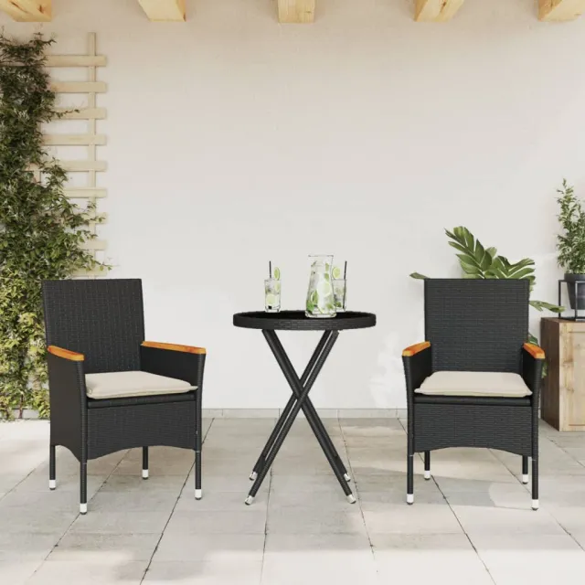 vidaXL 3-delige Bistroset met kussens poly rattan en glas zwart, foto 2