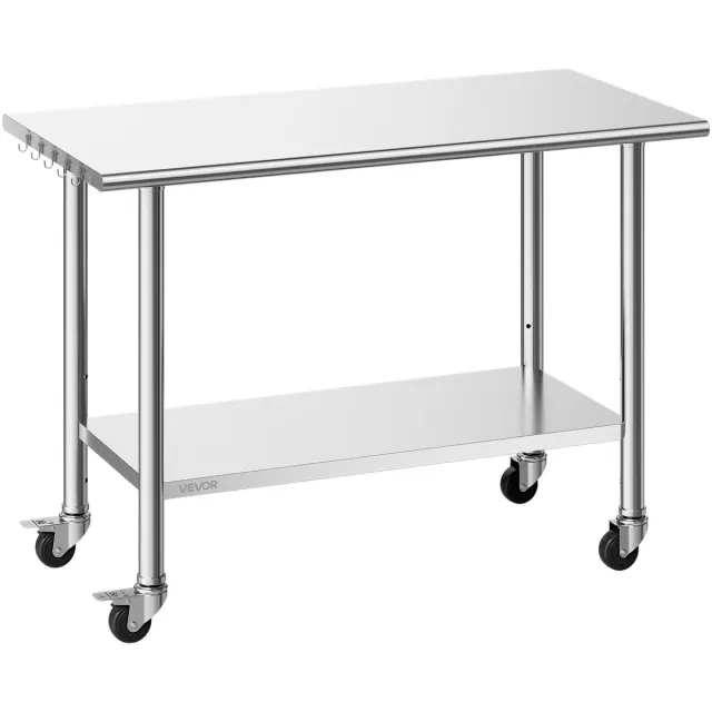 Vevor roestvrijstalen tafel voor de horeca, 1220 x 610 x 864 mm, verstelbare roestvrijstalen tafel met wielen, commerciële werktafel met onderblad voor restaurants, zwaar uitgevoerd, bovenblad (245 kg), onderblad (204 kg) Zilver