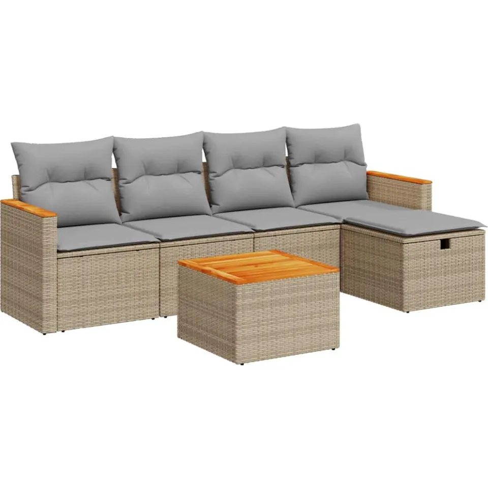 vidaXL 6-delige Loungeset met kussens poly rattan beige, foto 3