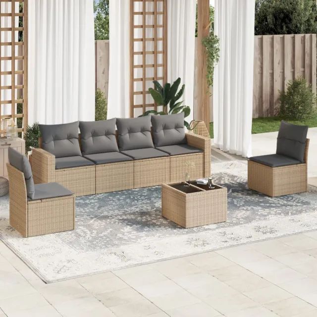 vidaXL 7-delige Loungeset met kussens poly rattan beige, foto 2