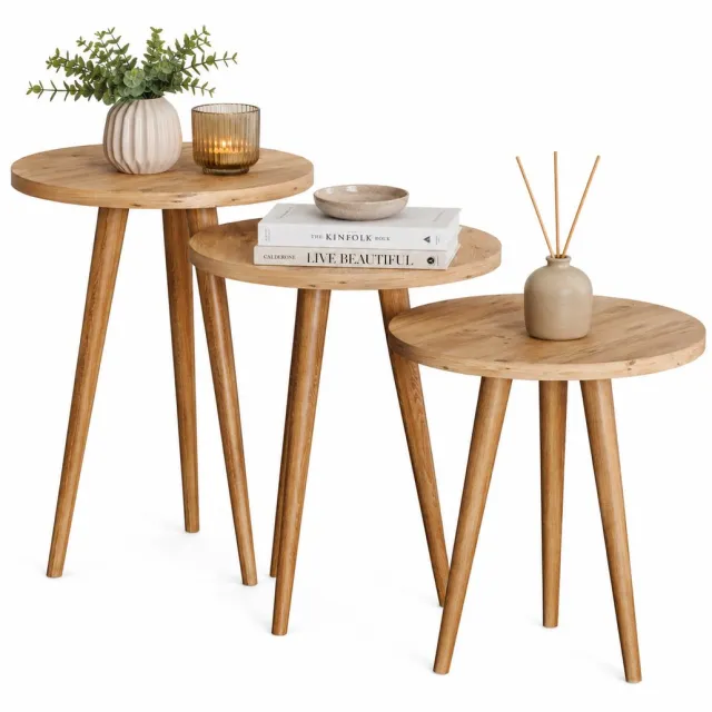 Vcm 3-tlg. Beistelltisch Set, Runde Satztische mit Holzfüßen, Ø 34 cm, Wohnzimmertische im Retro-Design - Barilo Honig-Eiche