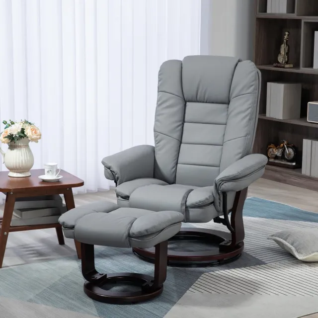 OKWISH Relaxfauteuil Met Hocker 360° Draaibaar Met Ligfunctie Voor Woonkamer En Tv-Kijken Kunstleer Grijs Gray