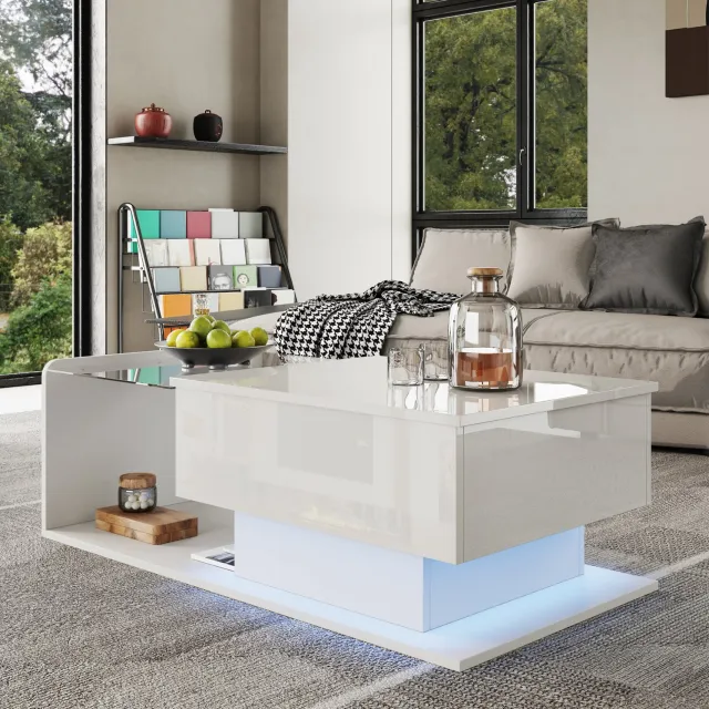 CHICFURN Salontafel - hoogteverstelbaar - opbergruimte - glasplaat - wit