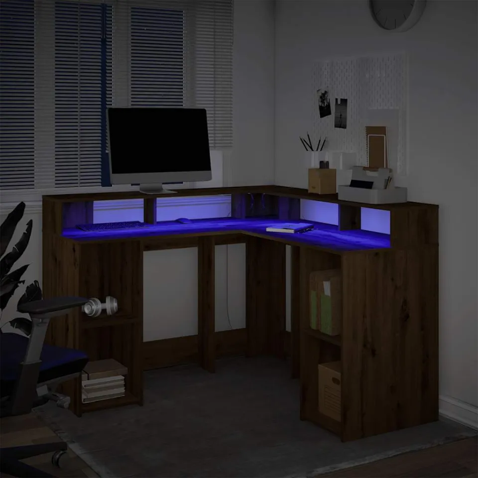 vidaXL Bureau met LED-verlichting 130x130x91 cm hout artisanaal eiken, foto 4