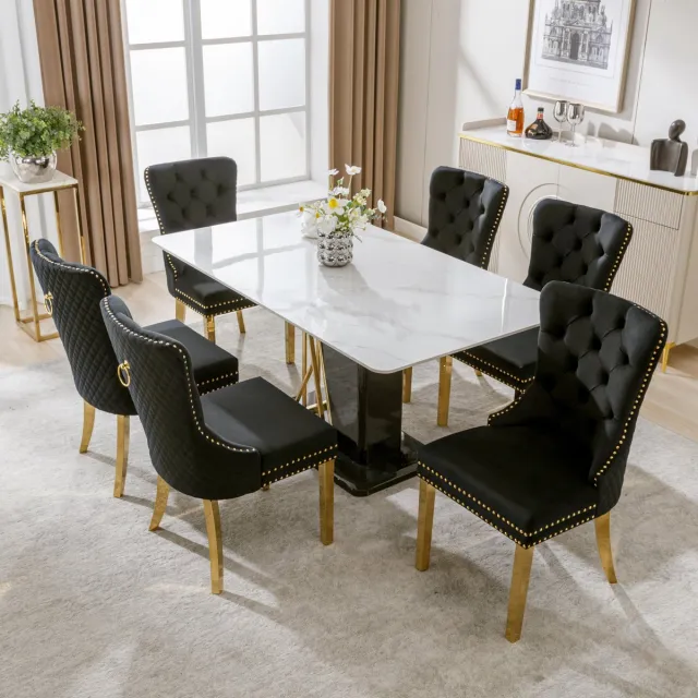 Welltin Eetkamerstoel - Set Van 6 - Zwart - Fluweelachtig materiaal - Metalen Poten - Eetkamerstoelen - Verstelbare voetjes - Keukenstoel - Draagvermogen 150KG - Scandinavisch Design