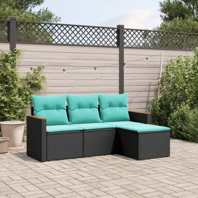 vidaXL 4-delige tuinbankset met kussens, zwart polyrotan, foto 2