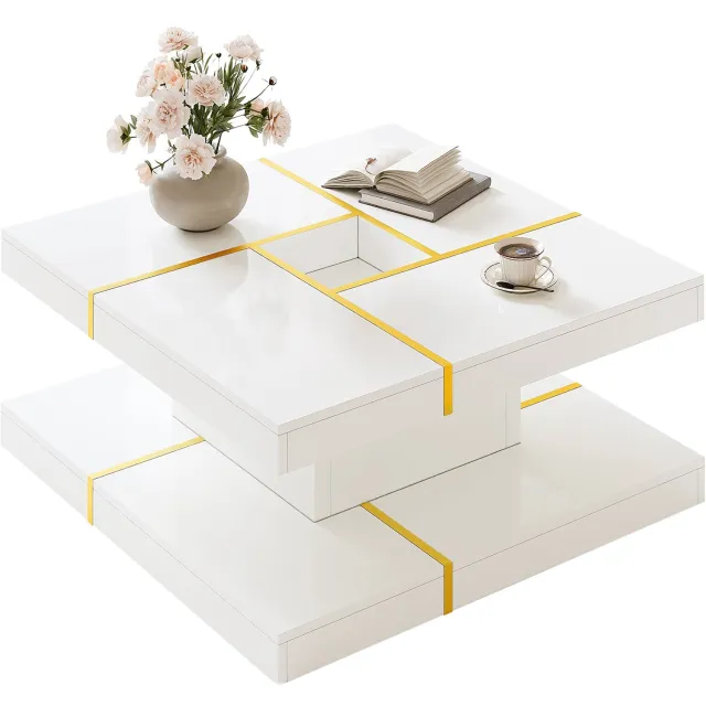 Clruro Salontafel - 80×80×38 cm - Vierkant - 2 Niveaus - Spaanplaat - Wit/Goud