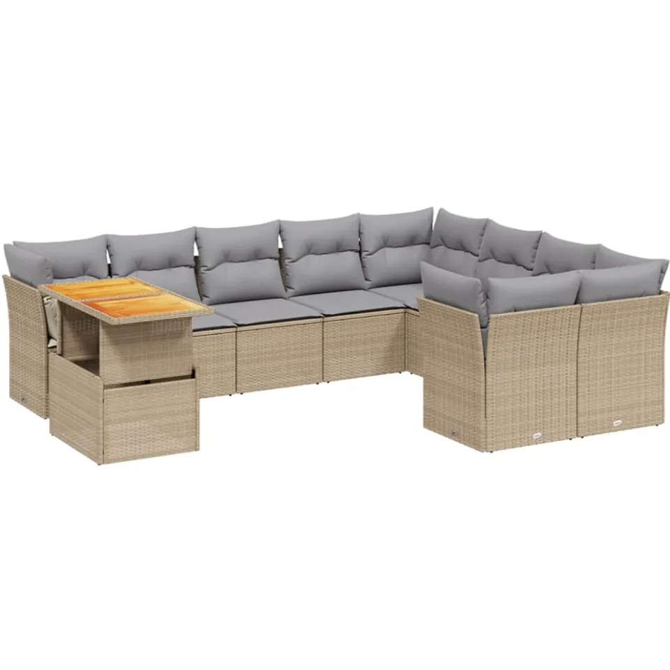 vidaXL 10-delige Loungeset met kussens poly rattan beige, foto 3