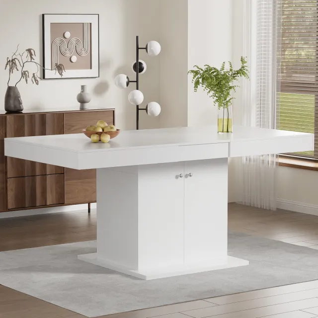 MEUNIQ uitschuifbare eettafel 140/180 x 80 x 76 cm, rechthoekig, met opbergruimte onder blad, wit, voor eetkamer en dagelijks gebruik