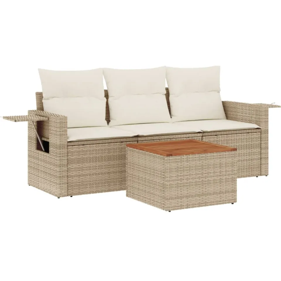 vidaXL 4-delige Loungeset met kussens poly rattan beige, foto 3