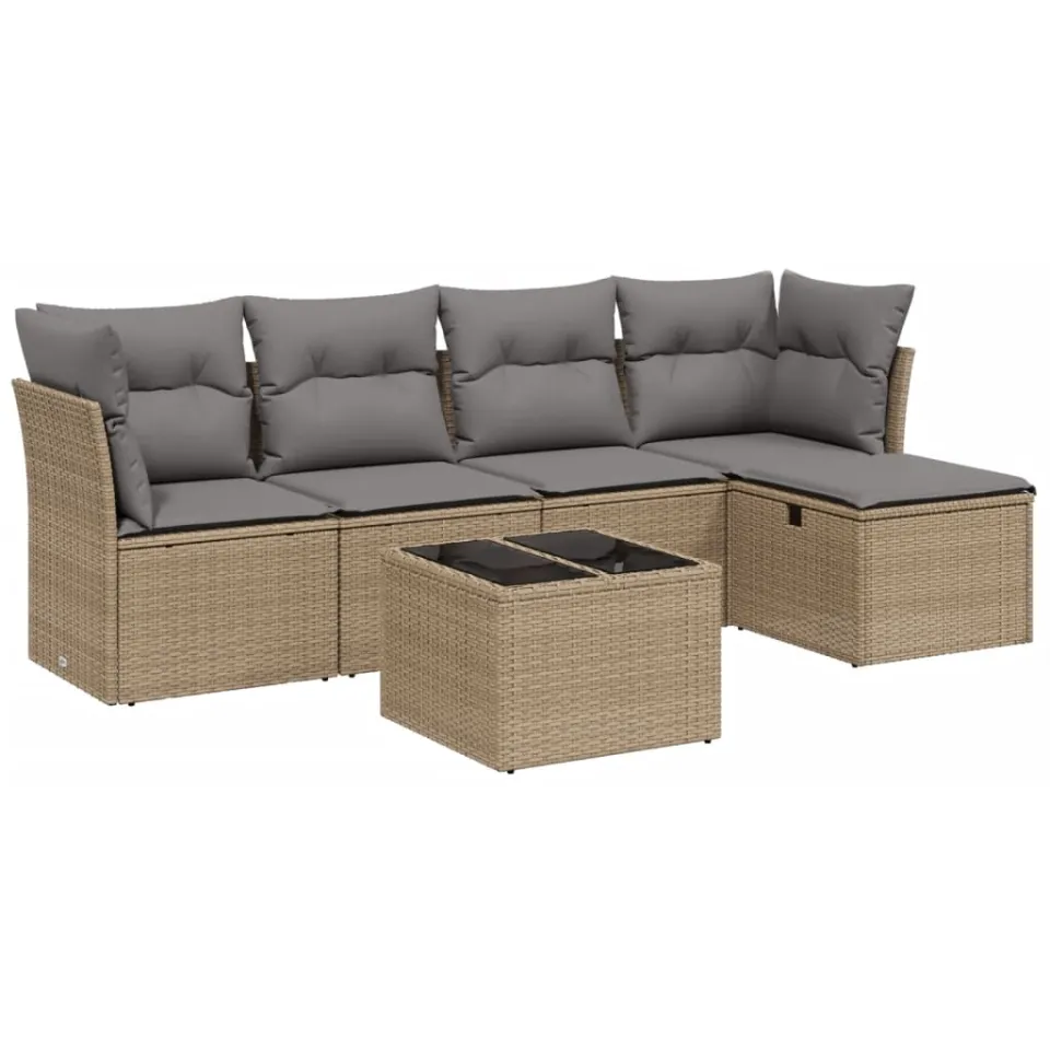 vidaXL 6-delige Loungeset met kussens poly rattan gemengd beige