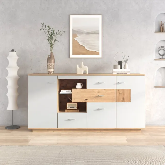 STILVORA Dressoirs 160x40x77 cm - Sideboard Kast Met LED-Verlichting - Veel Opbergruimte - Ladekasten - Woonkamer En Slaapkamer - Spaanplaat - Natuurlijk Naturel