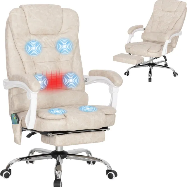 Vinsetto Massage Bureaustoel met Verwarming en Voetsteun - Ergonomische Bureaustoel - Relaxstoel - Crèmewit