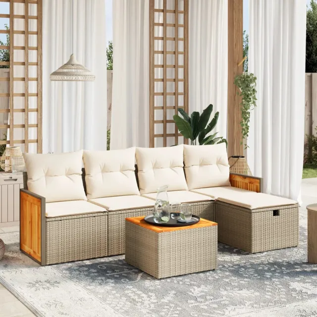 vidaXL 6-delige Loungeset met kussens poly rattan beige, foto 2