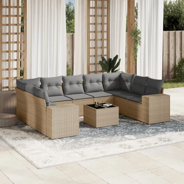 vidaXL 10-delige Loungeset met kussens poly rattan beige