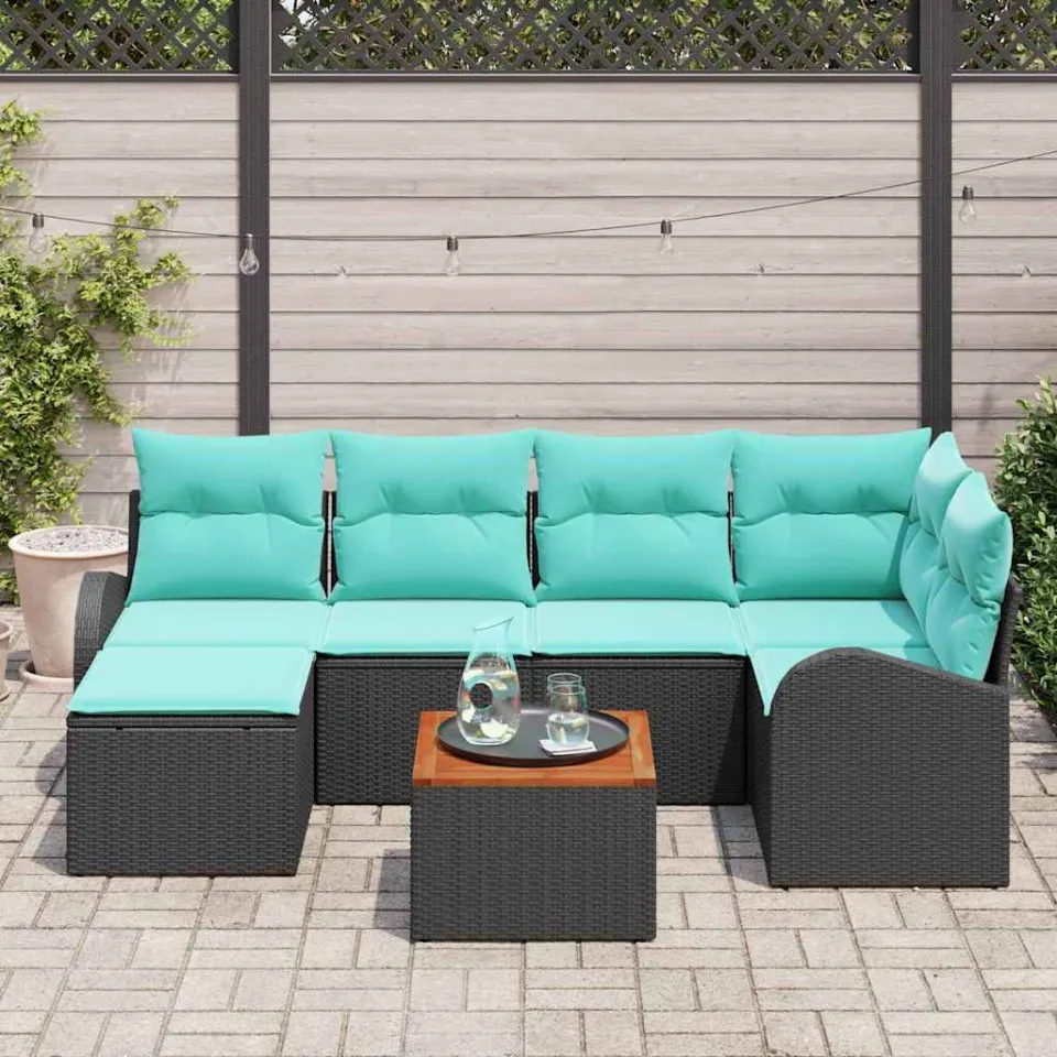 vidaXL Tuinbankenset 7 st Zwart en Turquoise poly rattan, foto 3