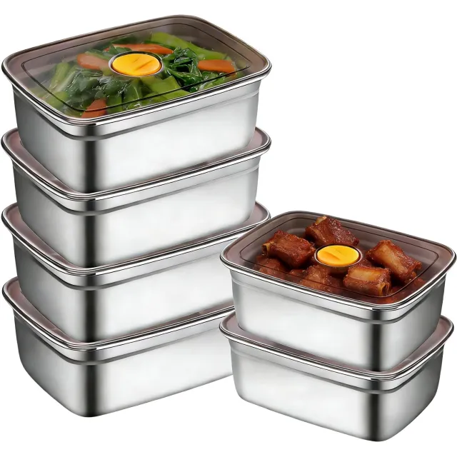Famanu Set van 6 roestvrijstalen vershouddozen met deksel, 1000 ml, 18,5 x 13,5 x 5,5 cm, lekvrije voedselcontainers voor het bewaren van maaltijden en snacks wit