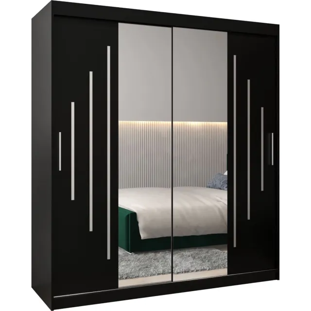 InspireME Kledingkast met 2 schuifdeuren, Modern-stijl, Een kledingkast met planken en een spiegel (BxHxD): 180x200x62 - MALTESE I 180 Zwart Mat met 4 lades