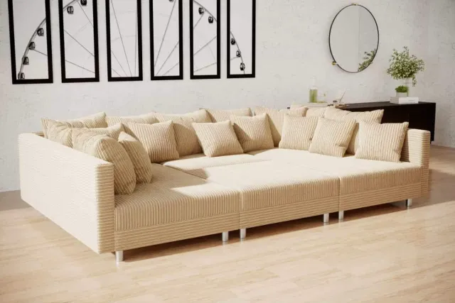 Seatsandbeds hoekbank denver U- corduroy beige- met poef (hocker)- hoeksalon denver wooneiland met poef- seatsandbeds