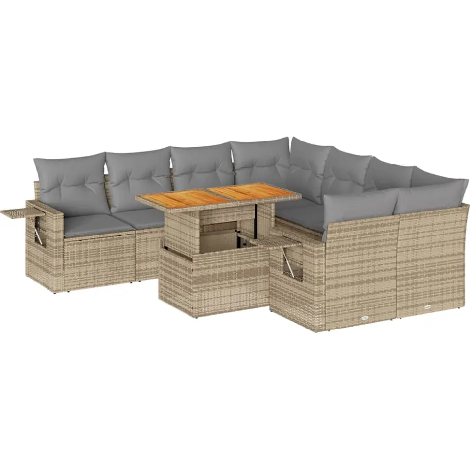 vidaXL 9-delige Loungeset met kussens poly rattan beige, foto 3