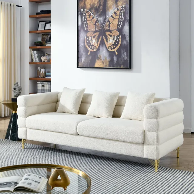 STILVORA Zitbank 205,7 x 81 x 71 cm - Driezitsbank met Golvende Rugleuning en Gouden Metalen Poten - Voor de Woonkamer - Teddystof - Wit