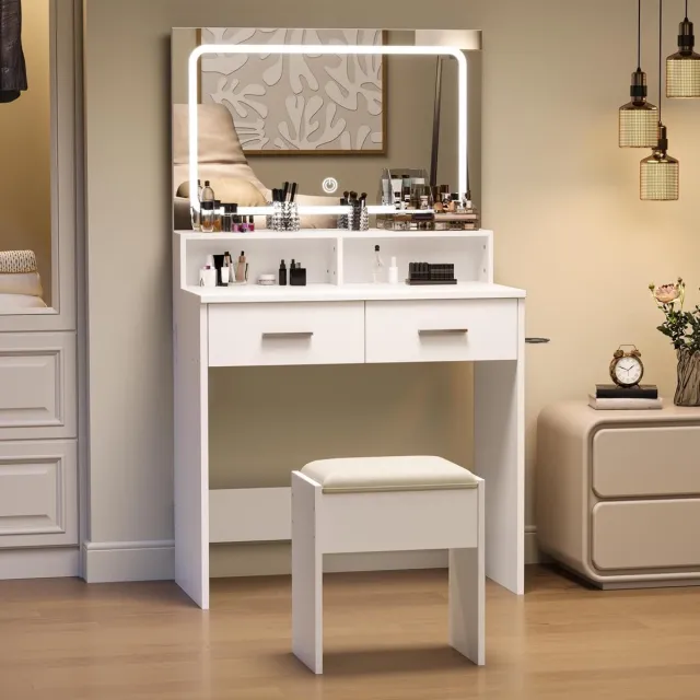 Danky Moderne Kaptafel met LED Spiegel en Krukje - Make-up Tafel met 2 Lades en 2 Open Vakken - 3 Lichtstanden - Wit - 80 x 39 x 136 cm