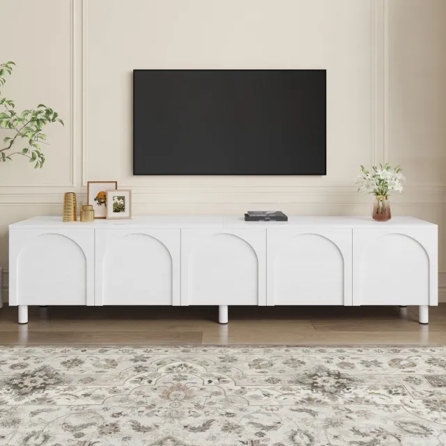 COVREO tv meubel 180 x 38 x 45 cm - 5 deuren, kabeldoorvoer, metalen poten, wit