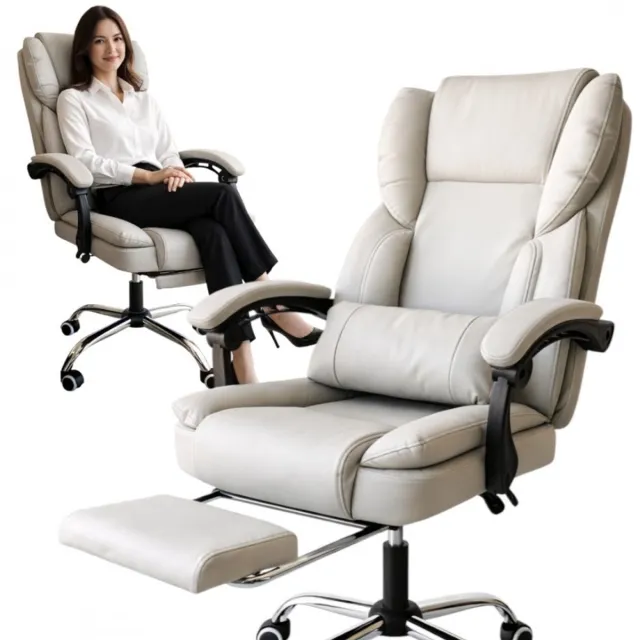 kenz Luxe Bureaustoel met Voetensteun - Beige - tot 150 kg - Verstelbare Rugleuning - Zwenkwielen - Ergonomische Bureaustoel - Crème - Eco-Leer - Modern - Draaibaar