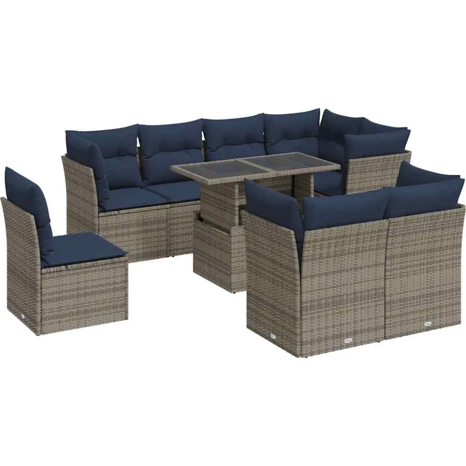vidaXL 9-delige Loungeset met kussens poly rattan acacia grijs, foto 3