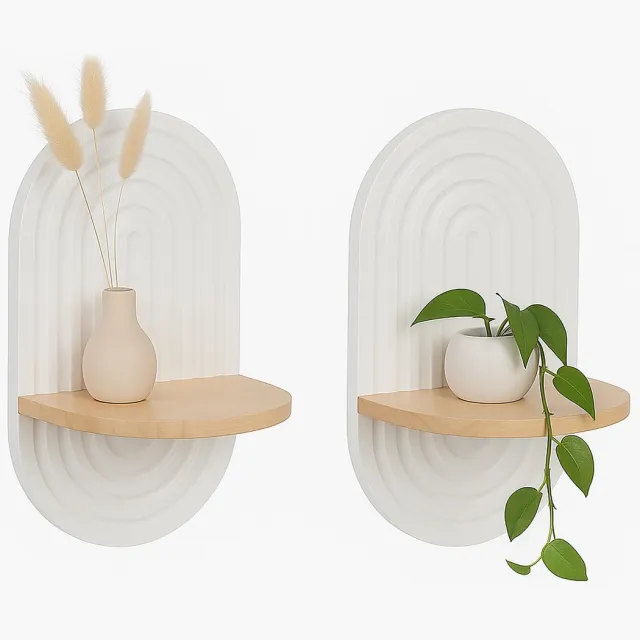 Famanu Wandplank set van 2 in boho stijl, van hout en MDF, afmetingen 33x20x15 cm, ideaal voor wanddecoratie in woonkamer en hal Naturel