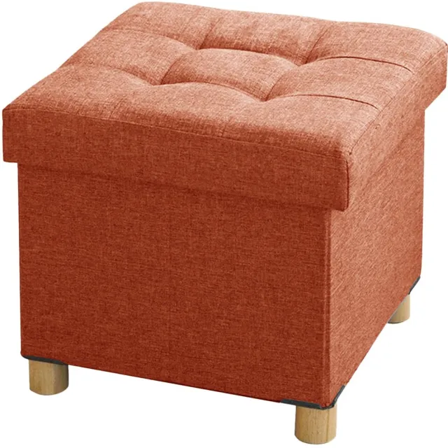 Ibenzoa Zitkist kruk voetenbank met opbergruimte en deksel met houten poten, 38 x 38 x 38 cm, oranje orange
