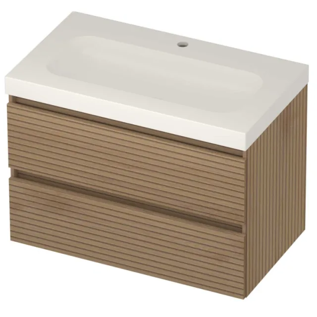 Basic-Line Moby 46 Badmeubelset Polystone 1 Kraangat Greeploos 80x46x58 cm Lamello Oak Glans Wit