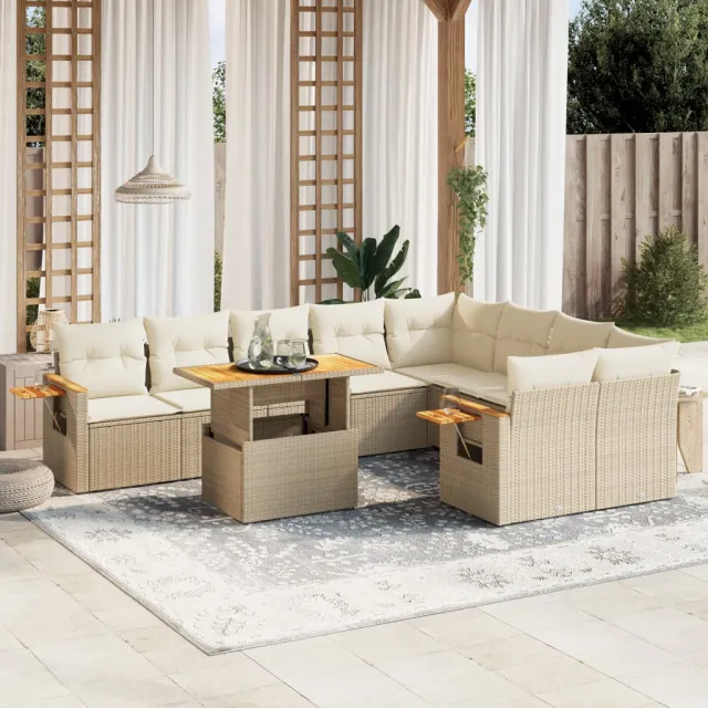 vidaXL 10-delige Loungeset met kussens poly rattan beige, foto 2