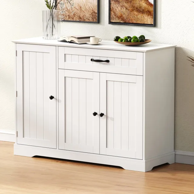 STILVORA Dressoir - Modern Ontwerp Verticale Fronten En Zwarte Handgrepen - 3 Deuren, 1 Lade, Verstelbare Planken Voor Hal Woon- En Eetkamer - MDF - Wit