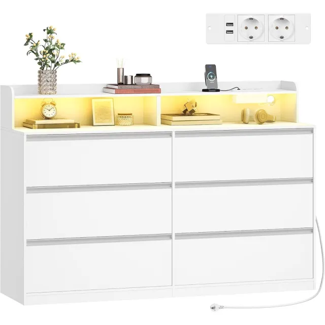 HILINSIE ladekast met ledverlichting, 6 lades, 40 x 140 x 95 cm, wit, moderne bijzettafel, multifunctioneel opbergmeubel voor slaapkamer, woonkamer en hal.