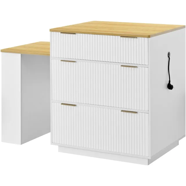 MUVANO Wit keukeneiland met uitschuifbare eettafel - Ledverlichting en lades - MDF en spaanplaat - 127,5–205 x 67 x 92 cm - Keuken en eetkamer