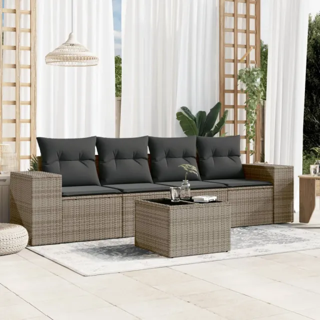 vidaXL 5-delige Loungeset met kussens poly rattan grijs